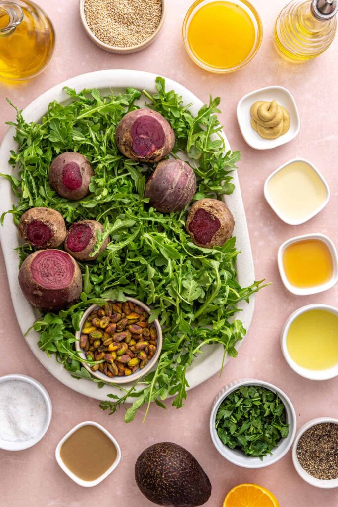 Ingredients for roasted beet salad with goat cheese arranged on a table