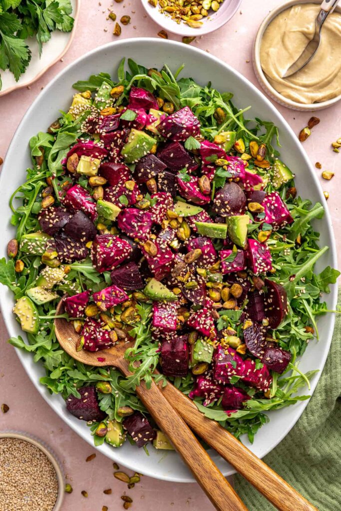 Roasted beet salad with pistachios, sesame seeds, and parsley
