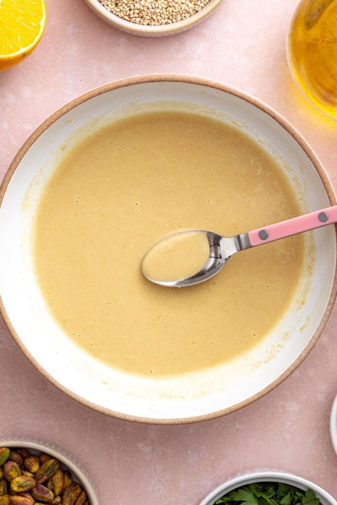Creamy homemade tahini dressing for beet salad