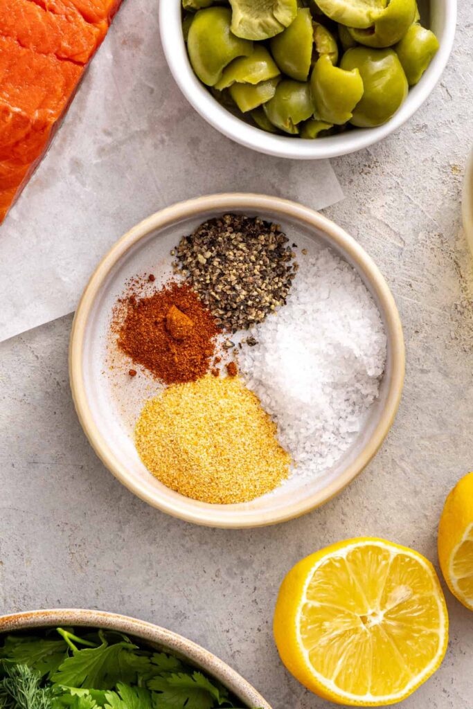 Spice blend for baked sheet pan salmon and asparagus in a small bowl