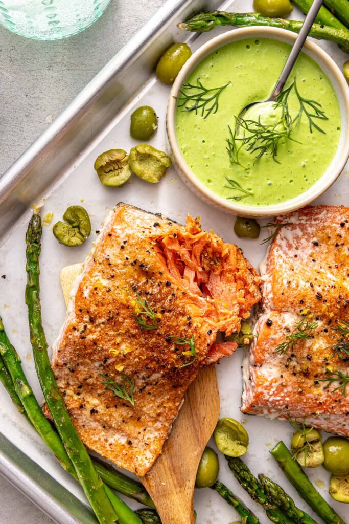 Healthy pescatarian sheet pan dinner with salmon and asparagus