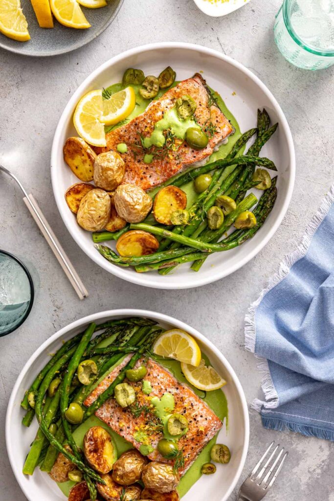 Gluten-free sheet pan salmon and asparagus dinner bowls