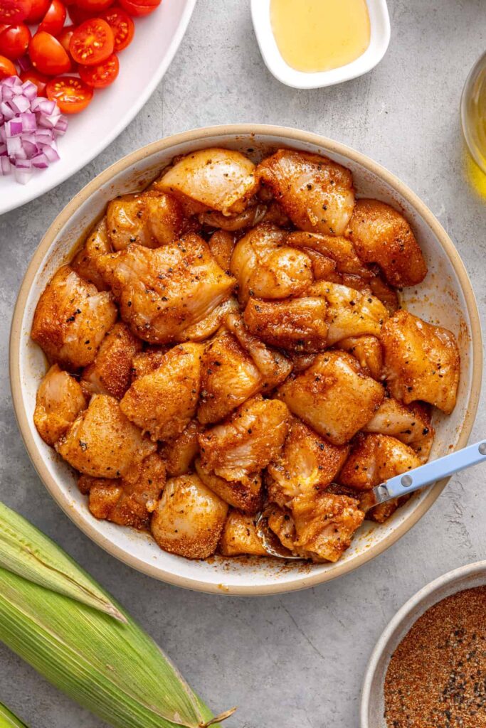 Chicken breast chunks tossed with olive oil and BBQ dry rub seasoning