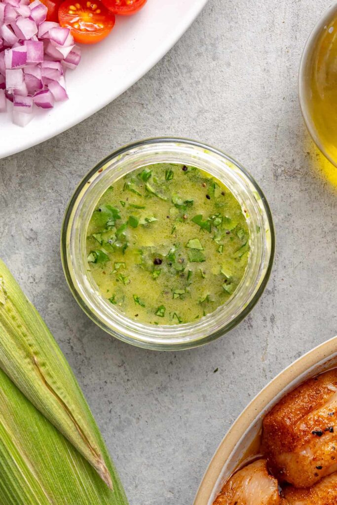 Fresh cilantro lime dressing made with olive oil, garlic, jalapeño, and lime juice