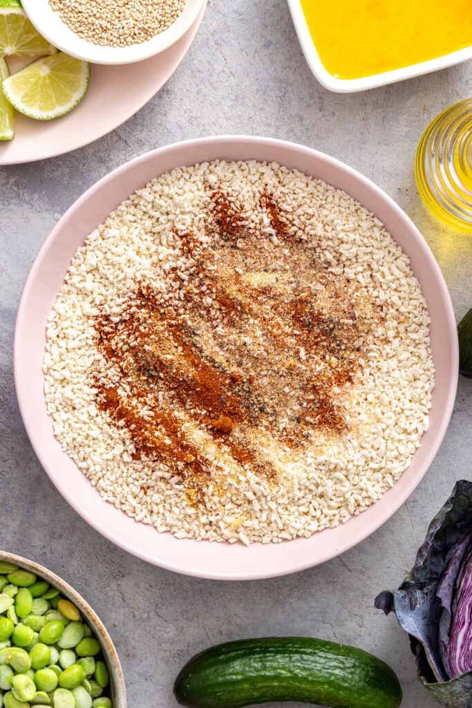 Gluten-free panko breadcrumbs mixed with smoked paprika, garlic powder and seasonings for crispy bang bang shrimp.