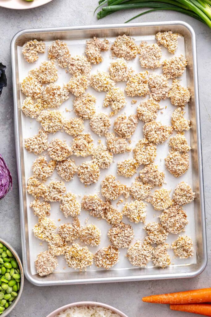 Shrimp coated in seasoned gluten-free panko before air frying until crispy