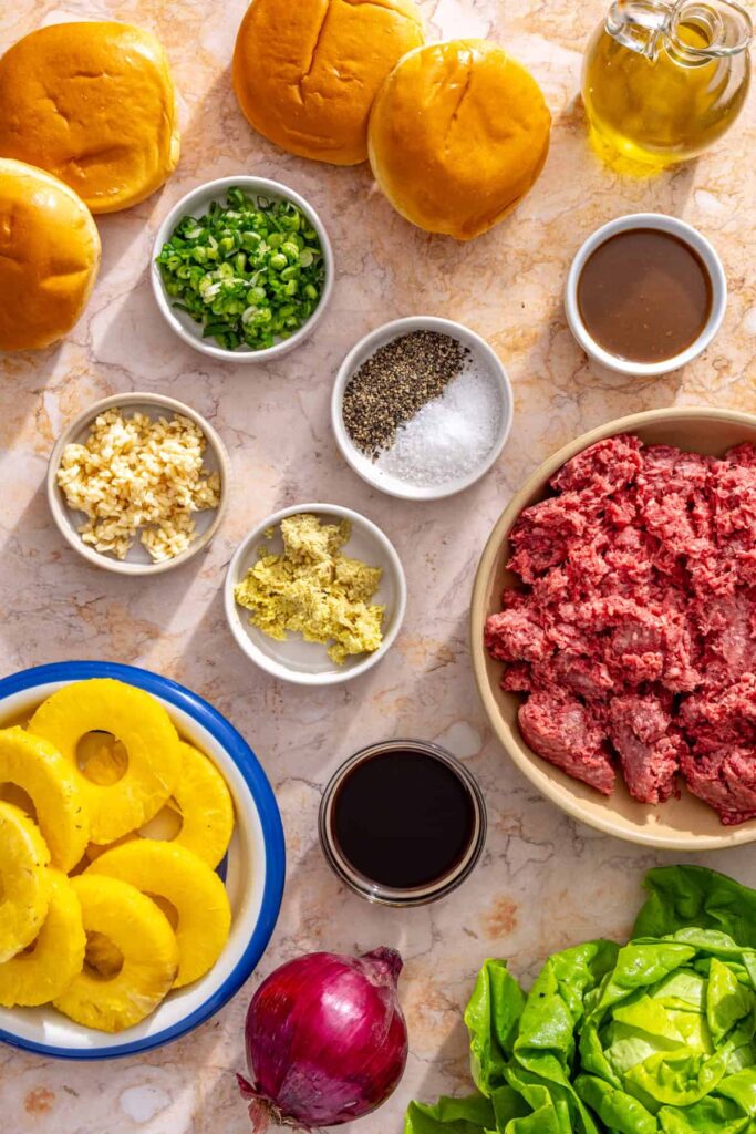 Ingredients for gluten-free teriyaki burgers with pineapple and butter lettuce