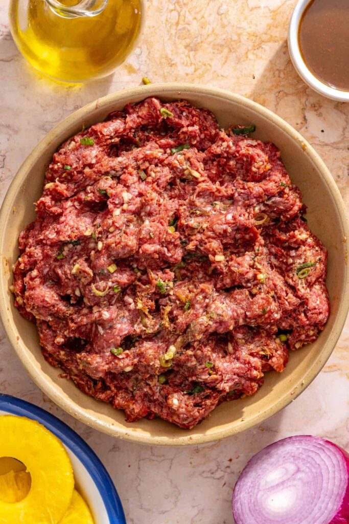 Ground beef mixed with fresh garlic, ginger, and coconut aminos