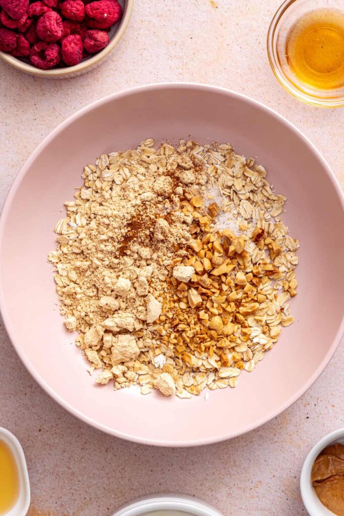 Dry ingredients for no-bake peanut butter oat crumble