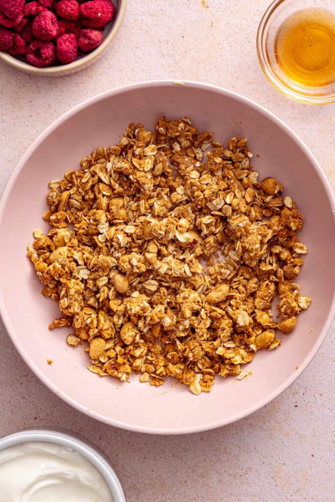 Homemade peanut butter oat crumble ready for topping overnight oats
