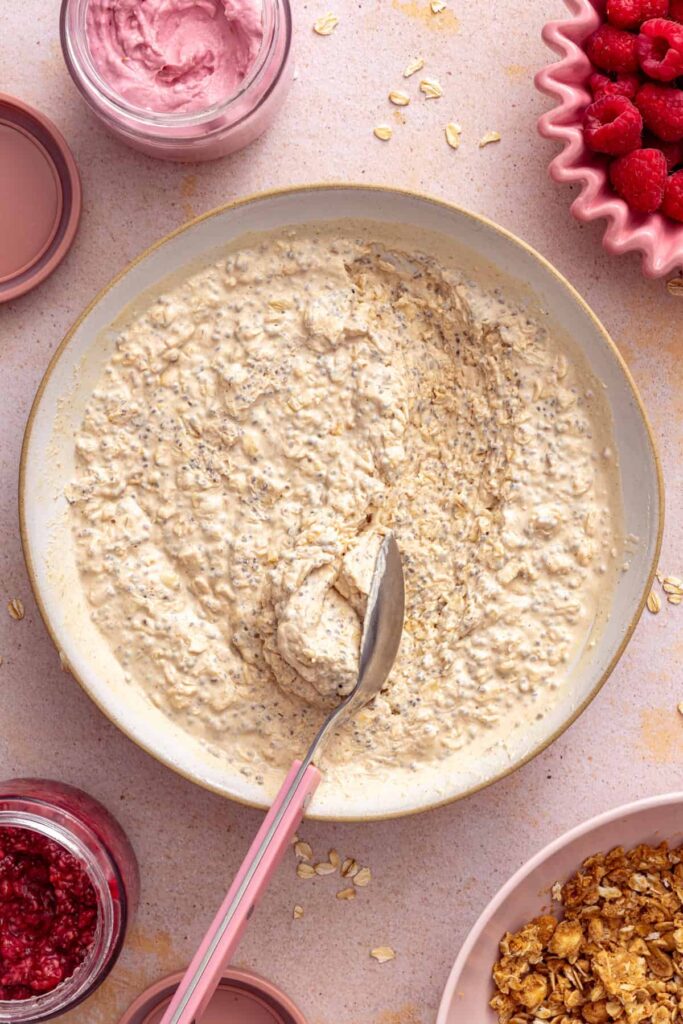 Chilled peanut butter overnight oats ready for assembling