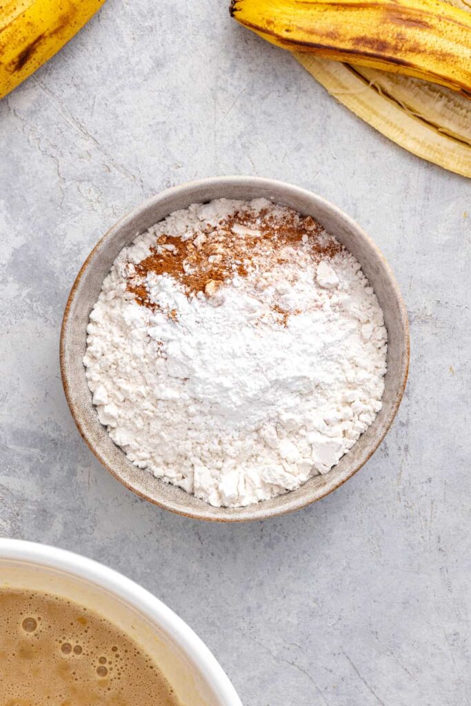 Gluten-free flour mixed with baking powder, cinnamon and baking soda