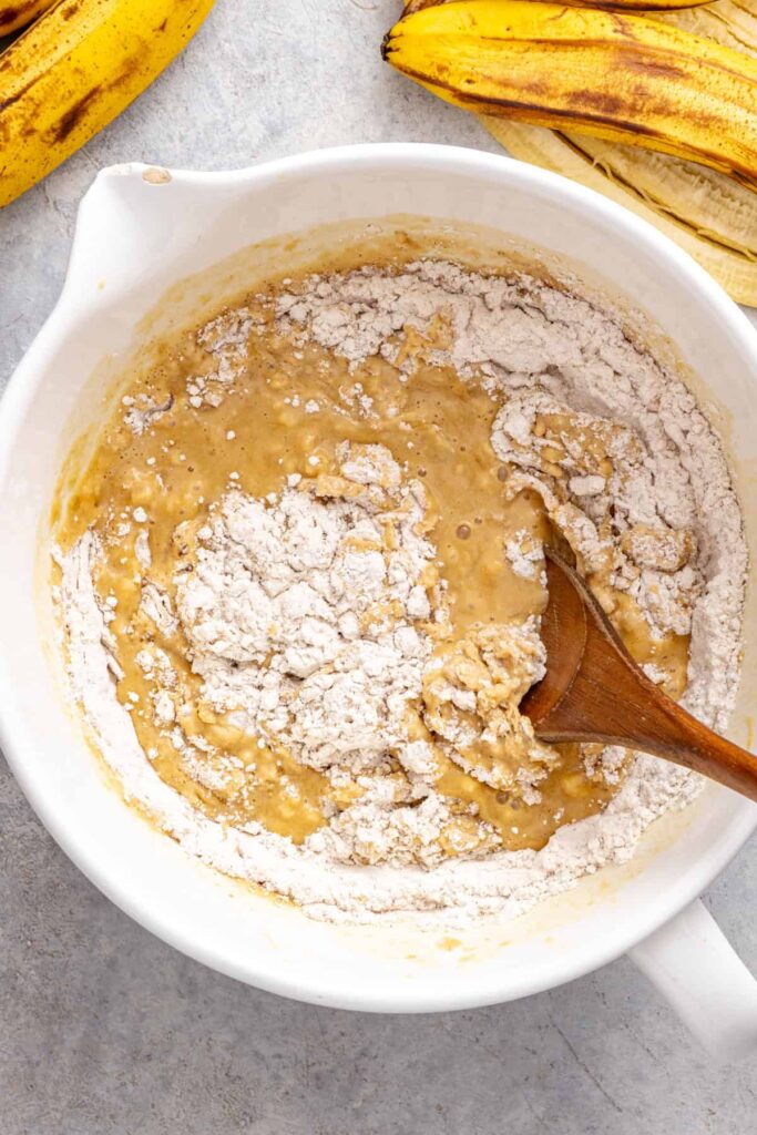 Mixing gluten-free banana birthday cake batter