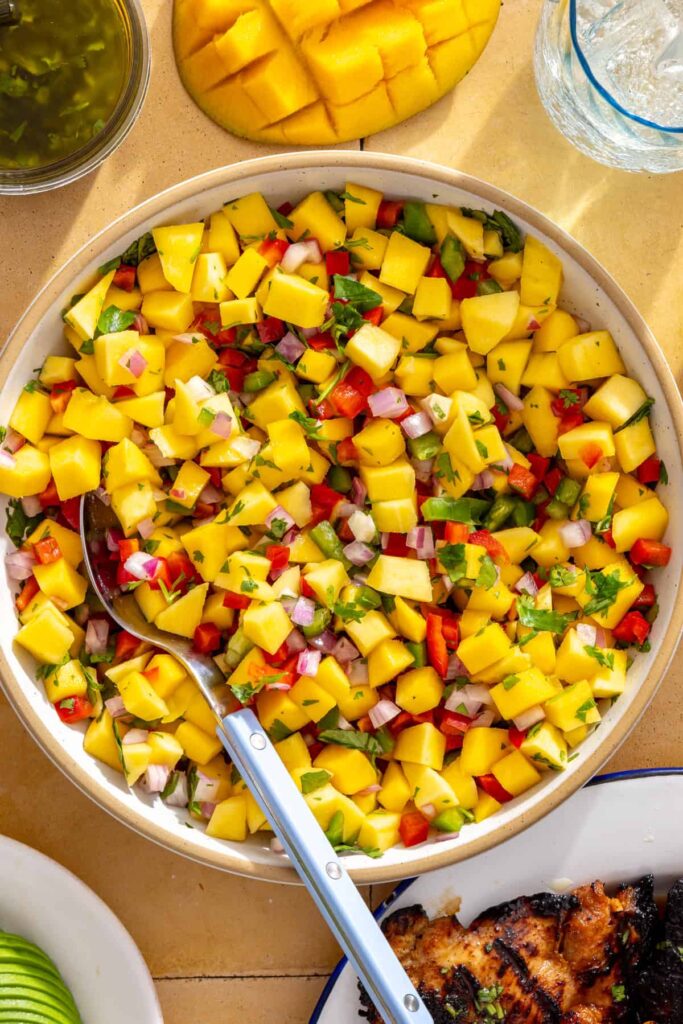 Fresh homemade mango salsa served in a bowl