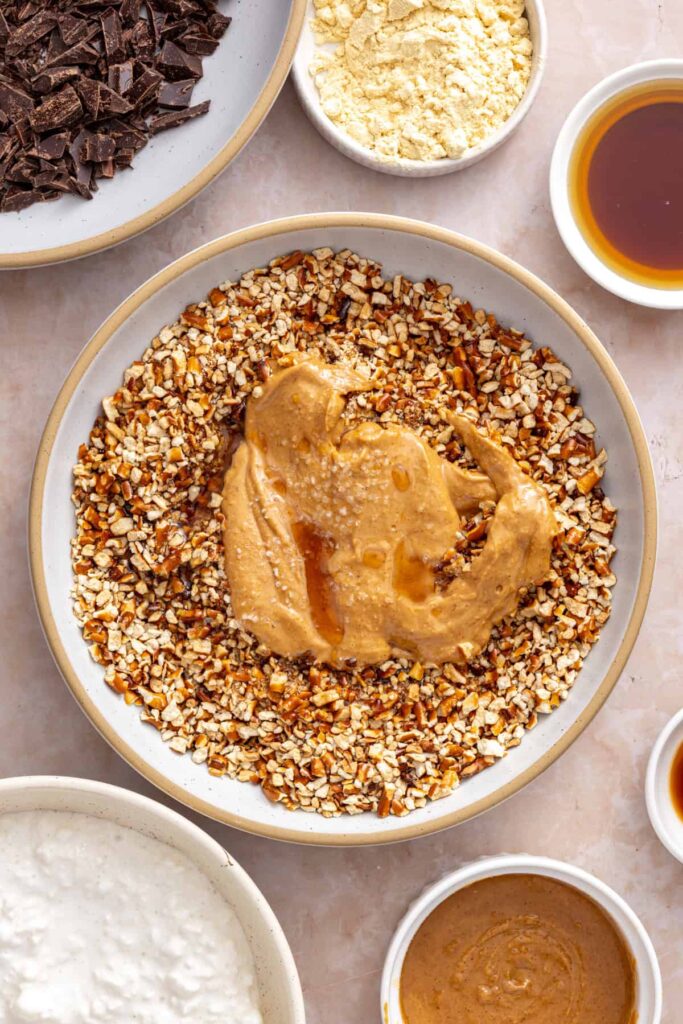 ingredients for the pretzel crust layer to make high-protein frozen peanut butter pretzel bars