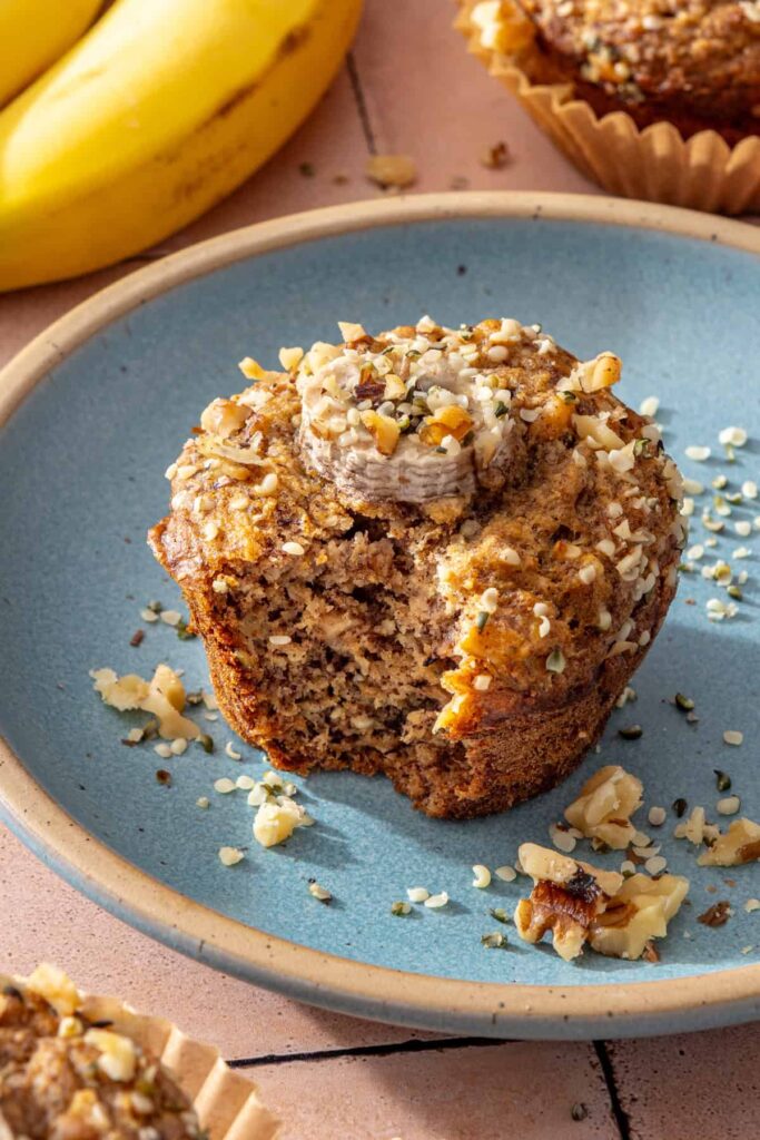 Moist no added sugar toddler banana muffin with banana slice topping