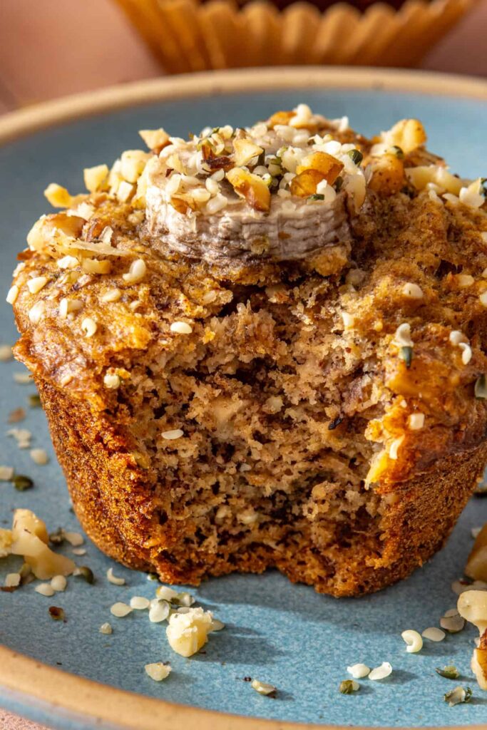 Close-up of gluten-free toddler banana muffin with a moist fluffy center