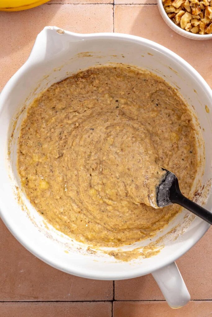 Finished banana muffin batter mixed until just combined