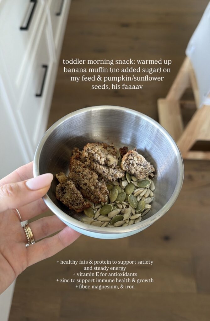 toddler snack - warmed up banana muffin with nuts and seeds