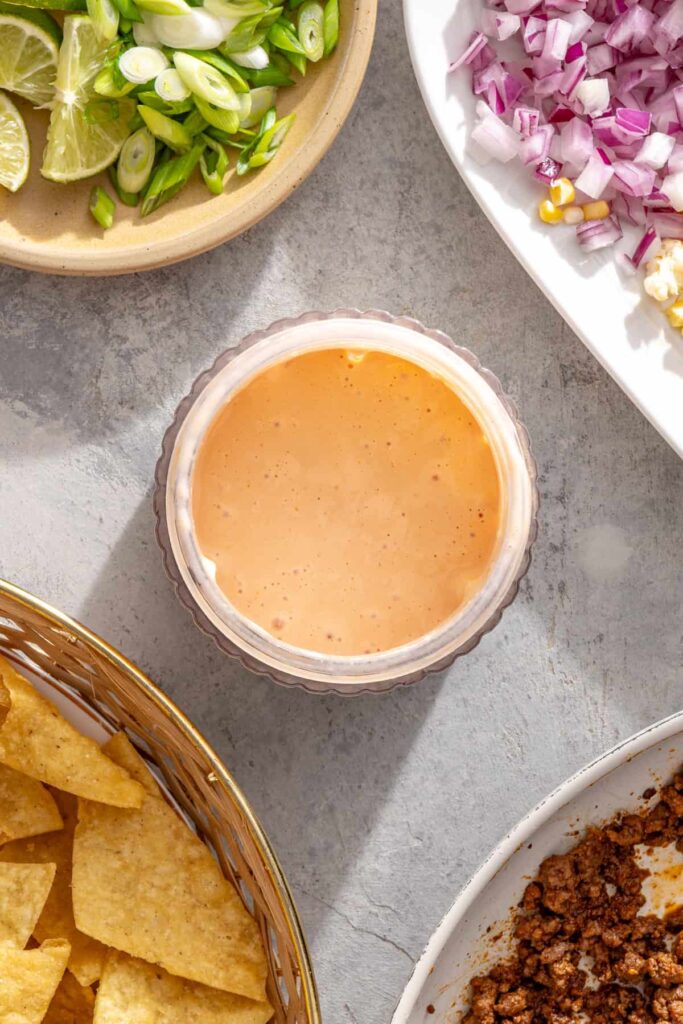 Cottage cheese and Rotel blended into queso for air fryer nachos