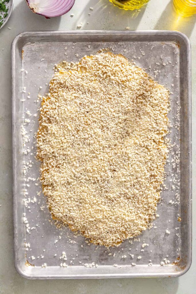 Giant breaded dill pickle chicken cutlet ready to bake
