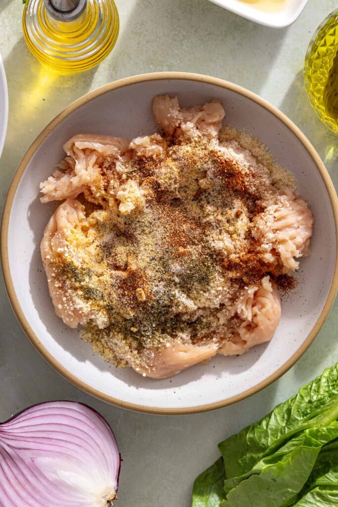 Pickle-seasoned ground chicken mixture for crispy chicken cutlet