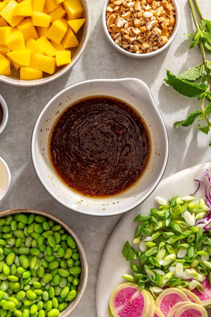 Ginger sesame marinade whisked together with coconut aminos, sesame oil, ginger and garlic