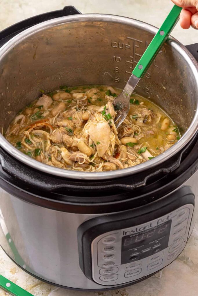 Green enchilada chicken and white beans stirred together with lime and cilantro