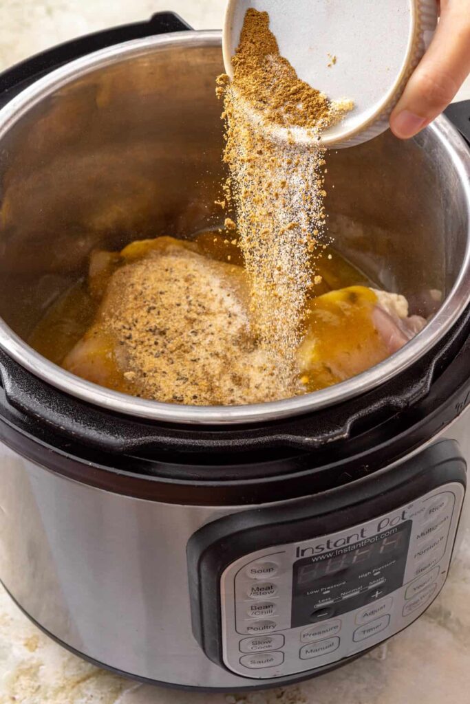 Seasoning chicken with cumin, garlic powder, onion powder, salt, and black pepper in the Instant Pot