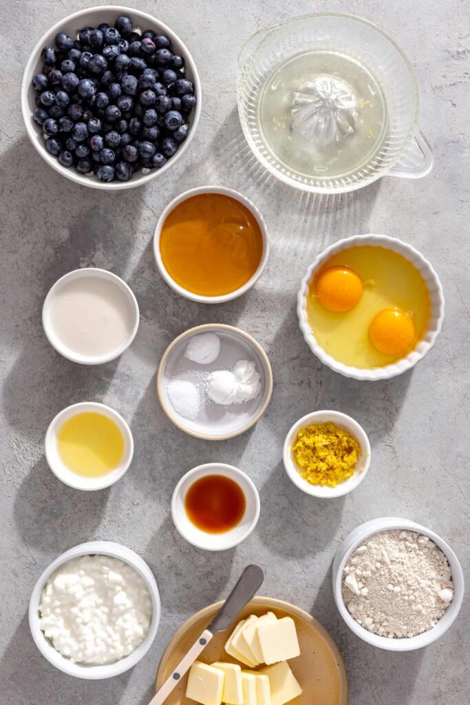 Ingredients for lemon blueberry cottage cheese pancakes with blueberries, lemon, cottage cheese, eggs, oat flour and honey