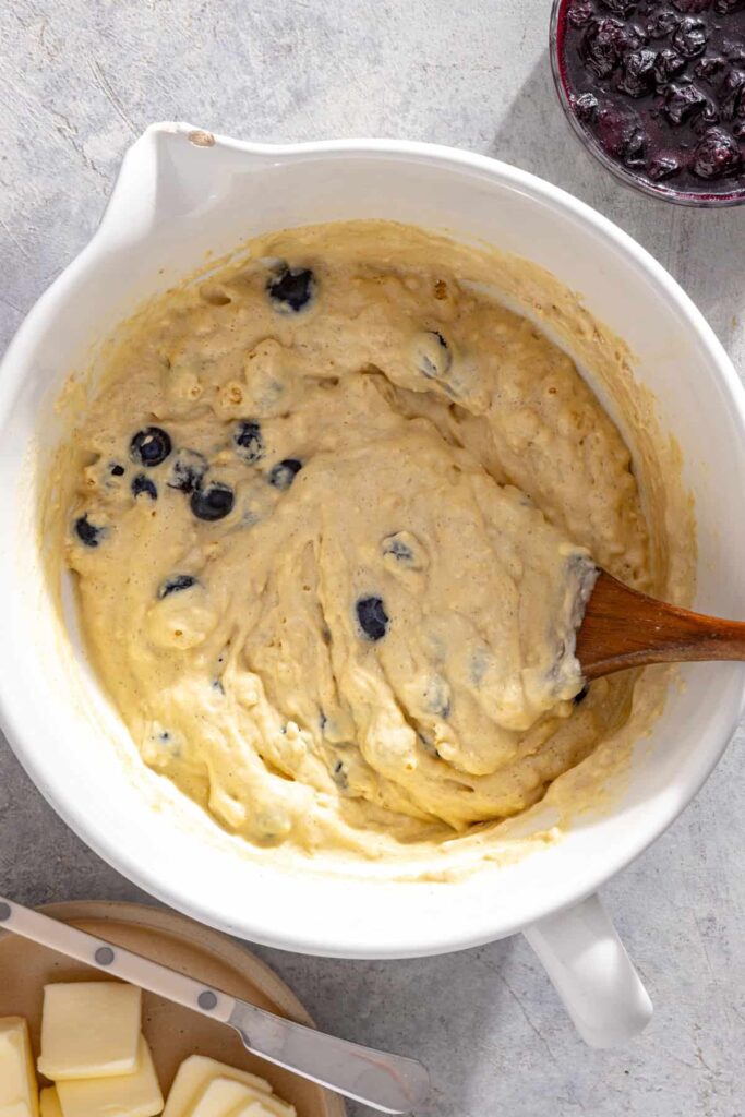 Blueberries gently folded into cottage cheese pancake batter