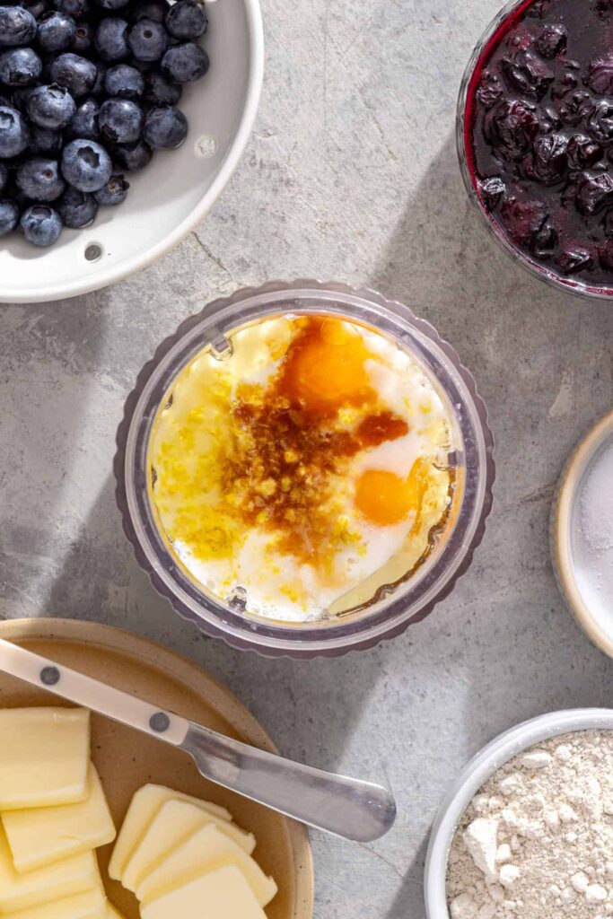Smooth lemon cottage cheese pancake batter in a blender