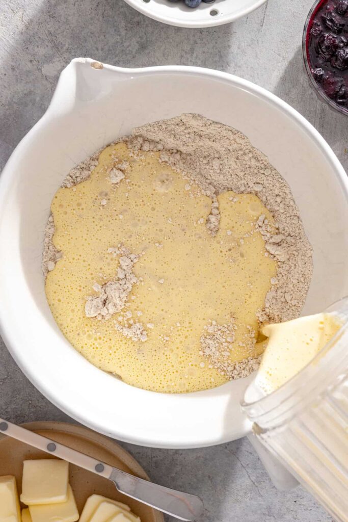 Blended cottage cheese mixture folded into oat flour to make pancake batter