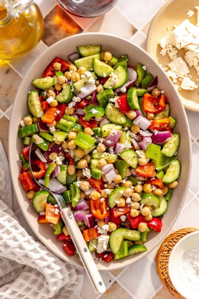 Mediterranean chickpea salad seasoned with dried oregano and flaky sea salt