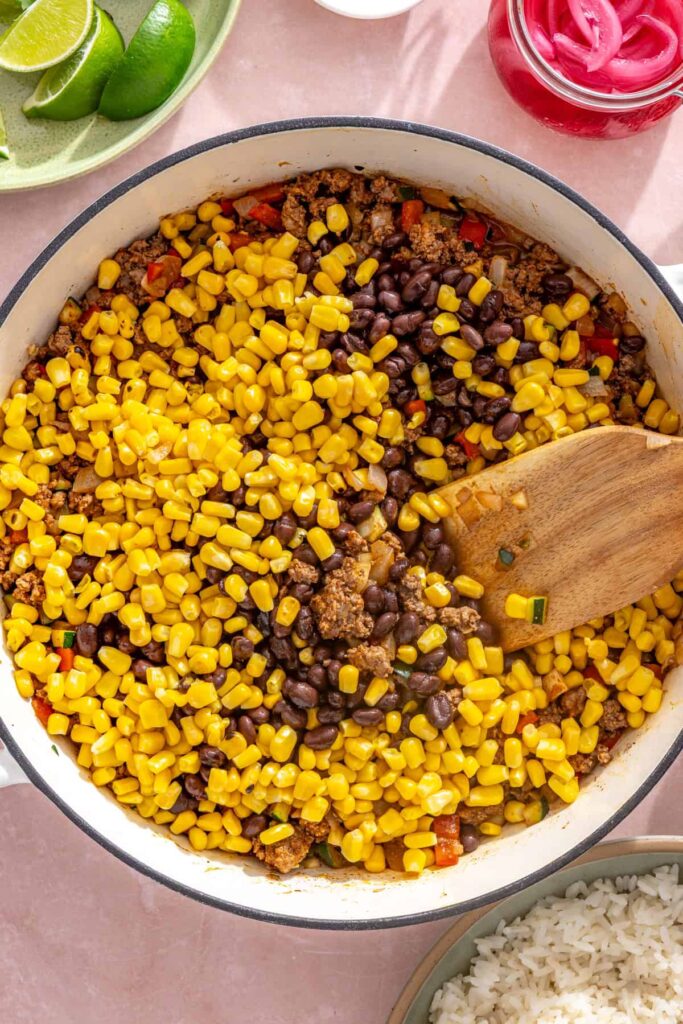 Fire-roasted corn added to the beef and black bean taco skillet
