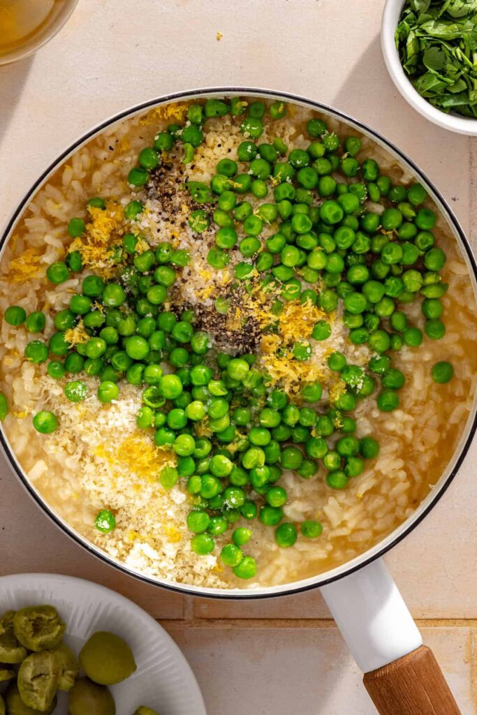 Frozen peas stirred into creamy parmesan rice
