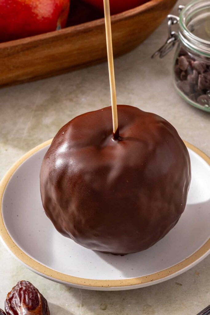 Chocolate-covered date caramel apple on a plate with the wooden stick upright