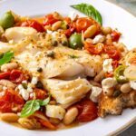 Close-up of Mediterranean baked cod with roasted tomatoes, white beans, feta, and fresh basil, served with sourdough on a plate.