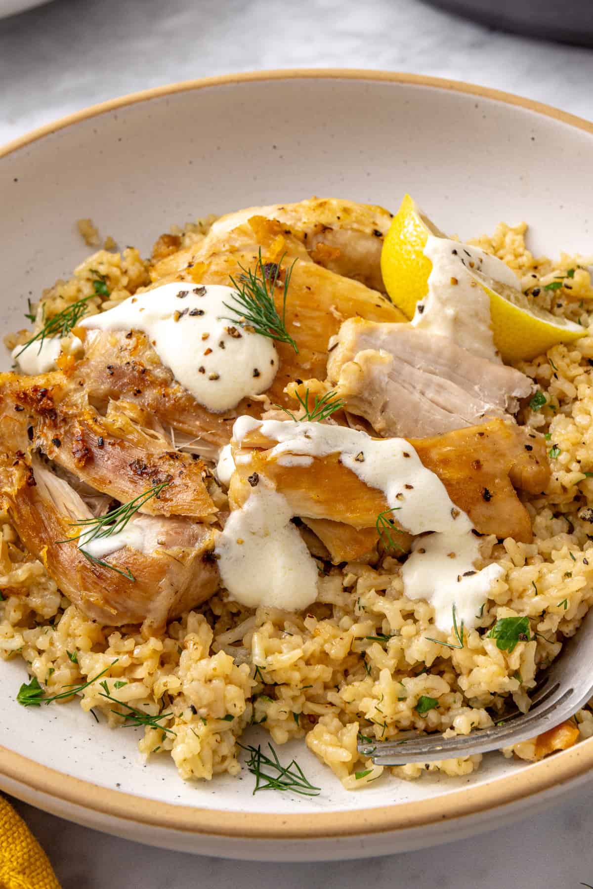 Instant Pot Greek lemon chicken and rice topped with creamy lemon yogurt sauce and fresh herbs.