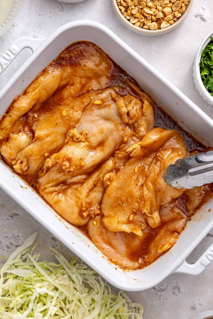 Chicken breasts turned in the coconut aminos, lime, garlic, and ginger marinade until coated.